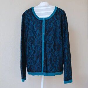 Dana Buchman Teal Blue Knit & Black Lace Cardigan Sweater, Womens Size Large